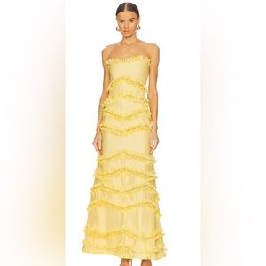 Alexis Reeve Fringe Trimmed Strapless Maxi Dress in Yellow